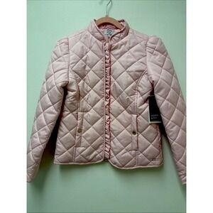 New Crown & Ivy Kids Girls L Pink Quilted Barn Jacket Ruffles Zip And Pockets